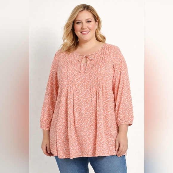 NWT Croft & Barrow Coral Floral Blouse 0X Plus Size Boho Tunic Top Pintuck Sprin - Picture 5 of 7
